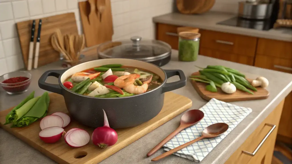 A pot of sinigang soup with fresh vegetables and protein simmering on the stove.