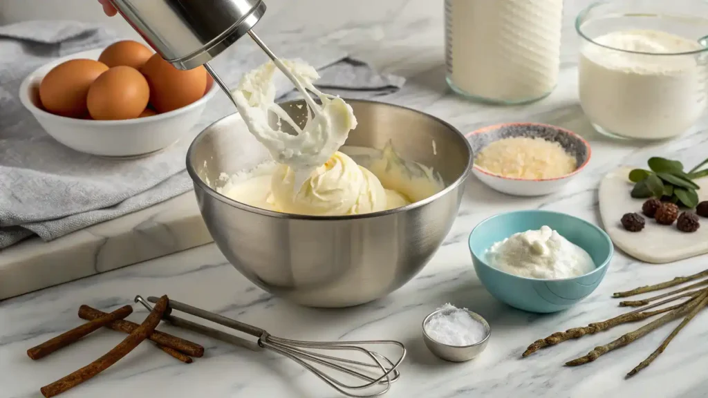 A step-by-step process of making whipped double cream with ingredients laid out.