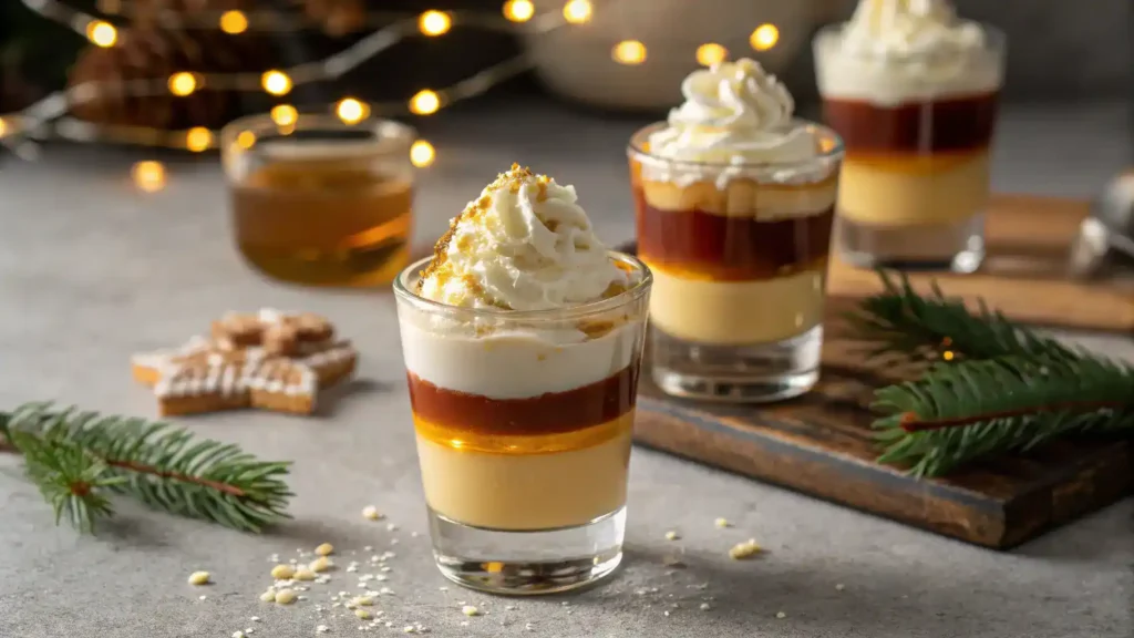 A beautifully layered Buttery Nipple Shot in a festive shot glass, showcasing butterscotch syrup, cream liqueur, and whipped cream.