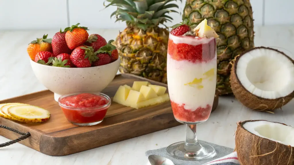 A vibrant Miami Vice drink with layers of coconut cream and strawberry puree, garnished with fresh fruit.