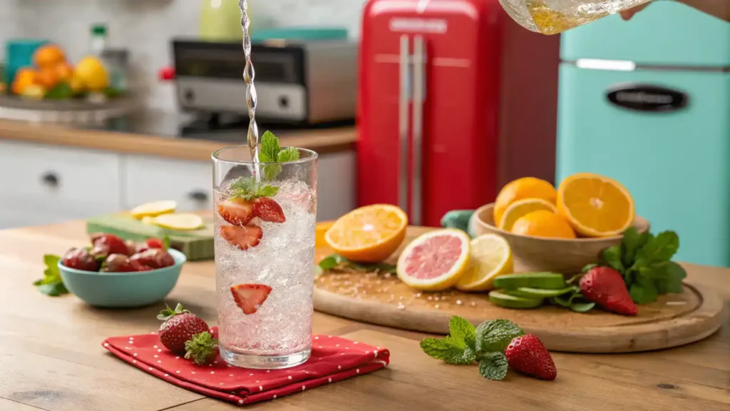 A refreshing hard seltzer mocktail being prepared with fresh fruits and herbs.