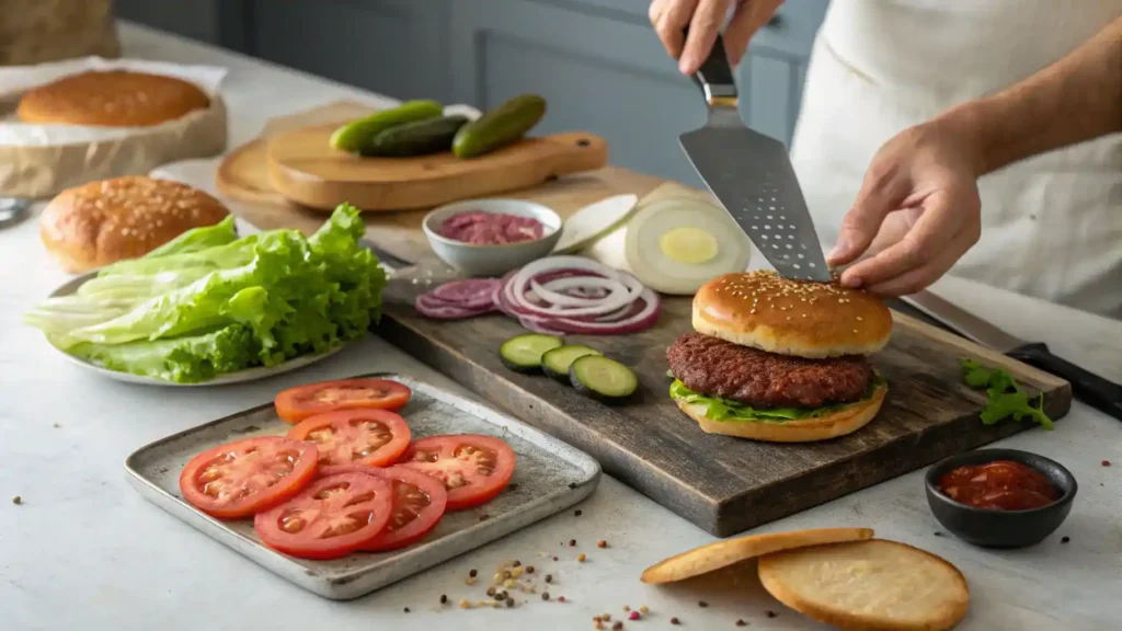 A person mixing ground meat with spices and herbs in a large bowl, preparing to shape wild burger patties.