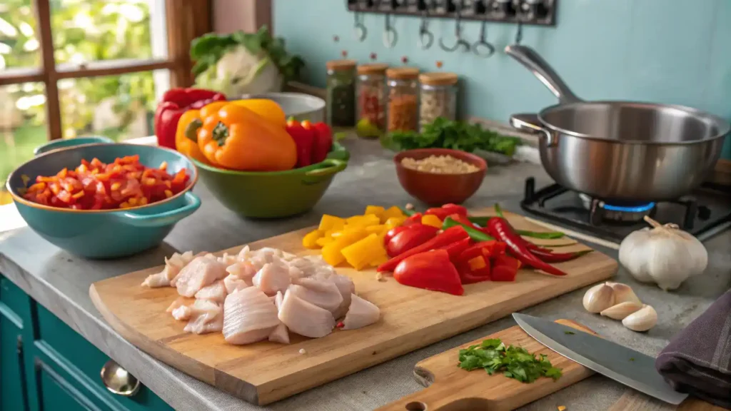 A vibrant kitchen scene with Scotch Bonnet peppers, chicken, garlic, and vegetables being prepared for cooking.