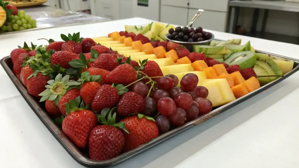 A vibrant fruit tray featuring an assortment of fresh fruits including strawberries, grapes, and melons arranged beautifully.