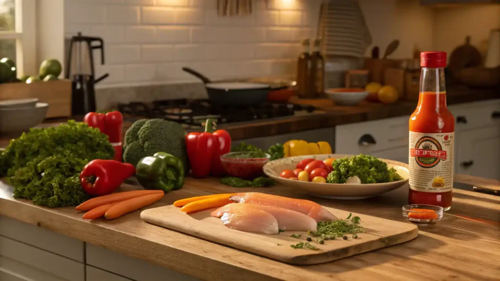 A colorful kitchen scene with fresh ingredients and Cholula Hot Sauce ready for cooking.
