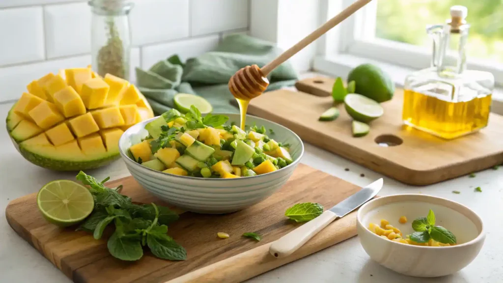 A colorful green mango salad with honey and mint leaves being prepared in a bright kitchen.
