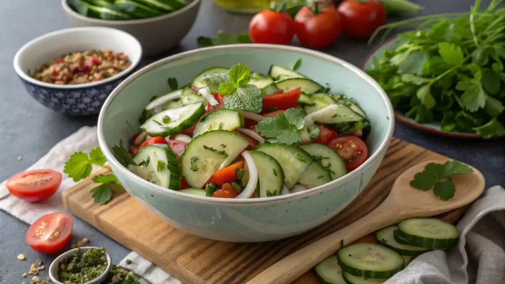 A colorful Persian cucumber salad with fresh ingredients like cucumbers, tomatoes, and herbs in a bowl.