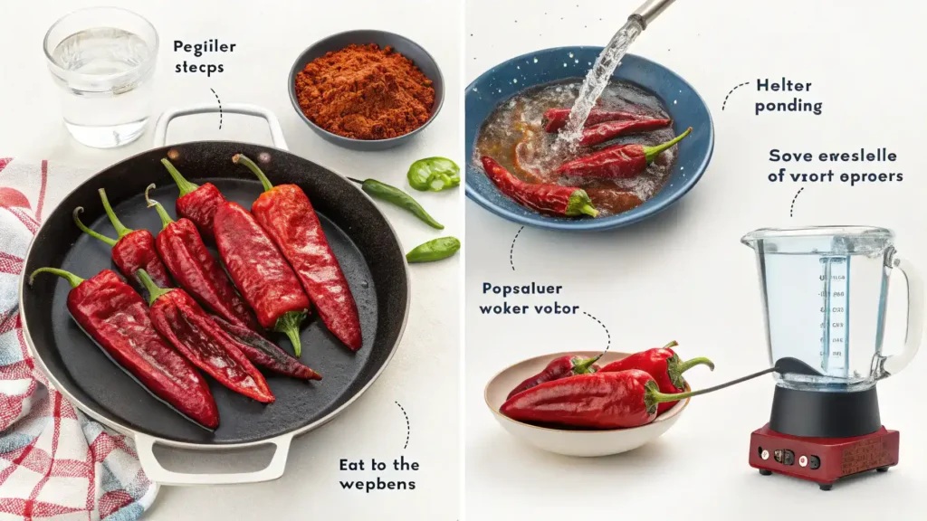 Step-by-step preparation of guajillo peppers, showcasing rinsing, toasting, soaking, and blending.