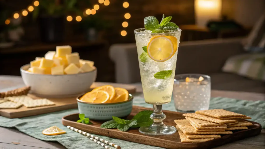 A hard seltzer mocktail served with garnishes and snacks.