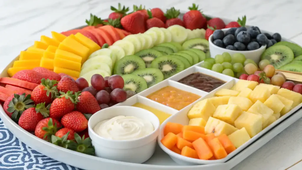 A creatively served fruit tray with colorful arrangements and dips.