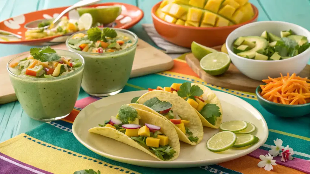 Various serving suggestions for green mango delight displayed on a colorful table.