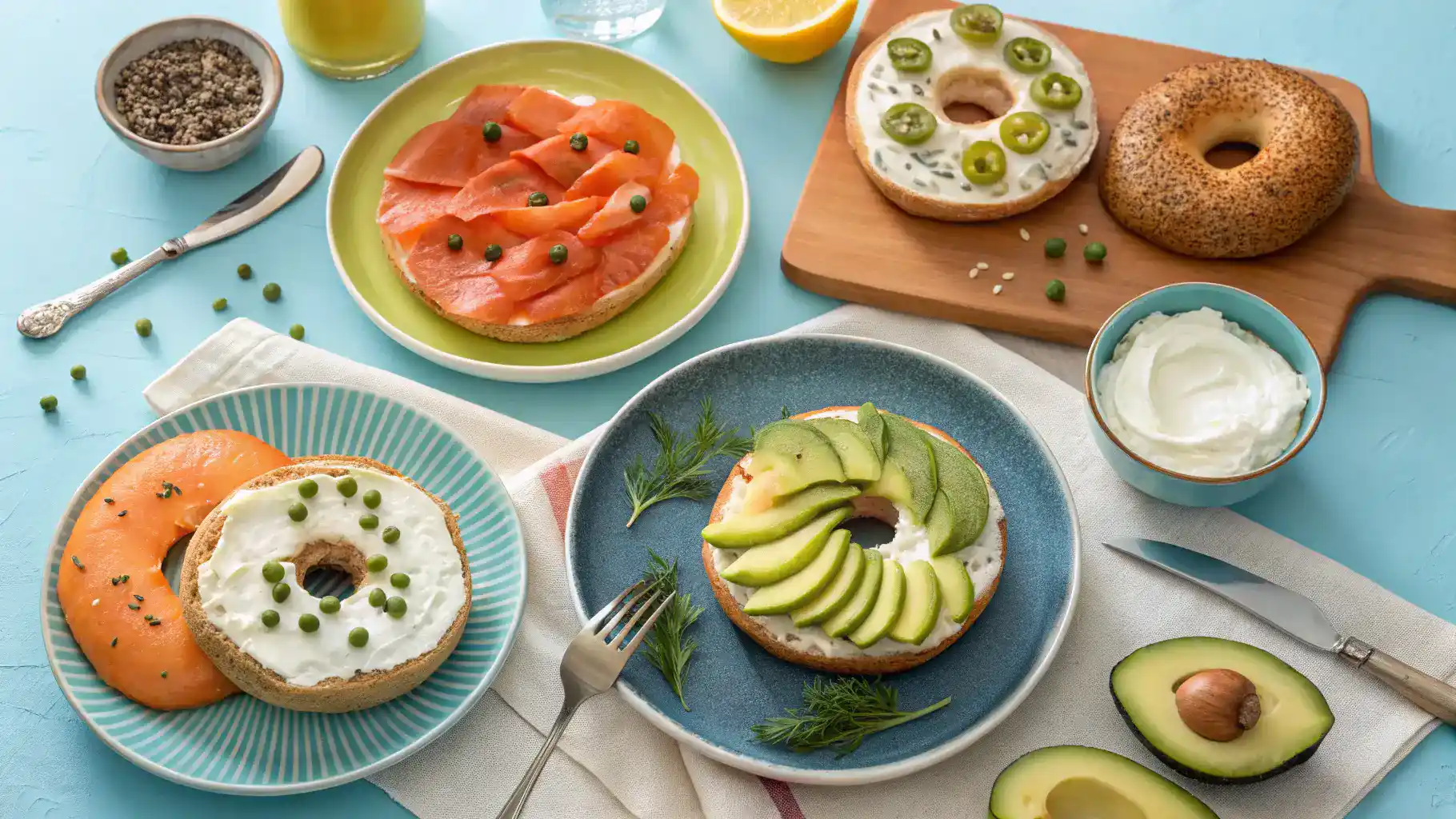 Different ways to serve bagels with various toppings.