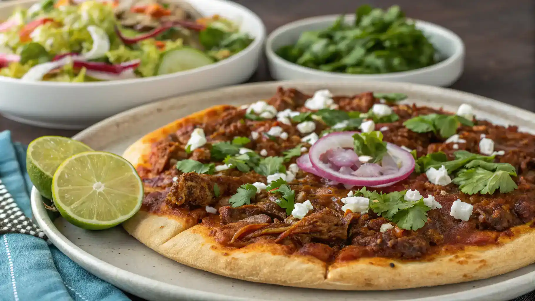 How to serve birria pizza with fresh toppings and sides.