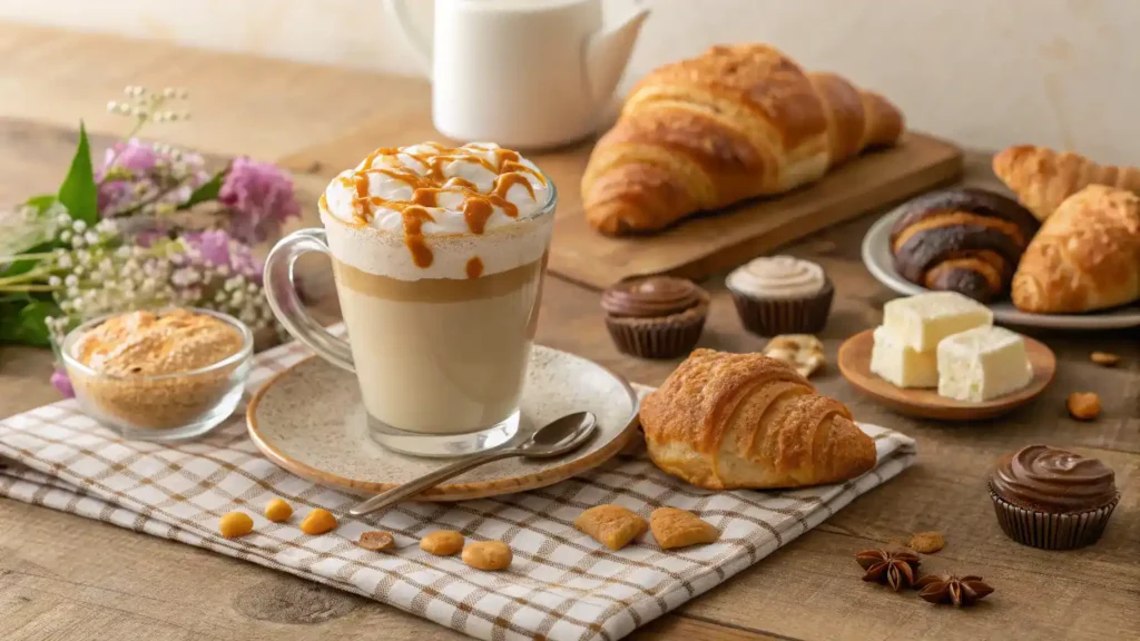 Caramel macchiato served with delicious pairings.
