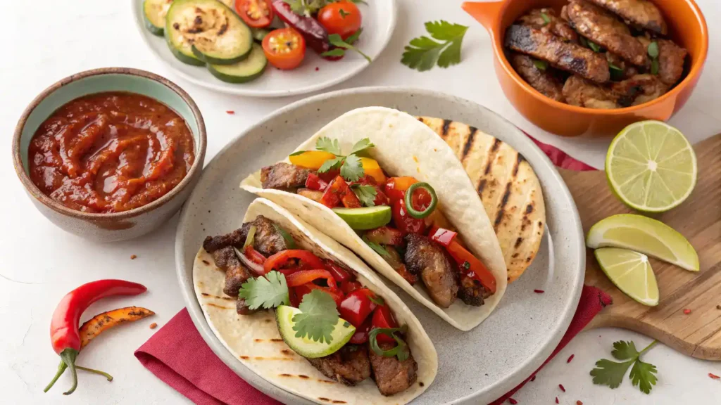 Dishes served with guajillo pepper sauce, including tacos, grilled vegetables, and salsa.