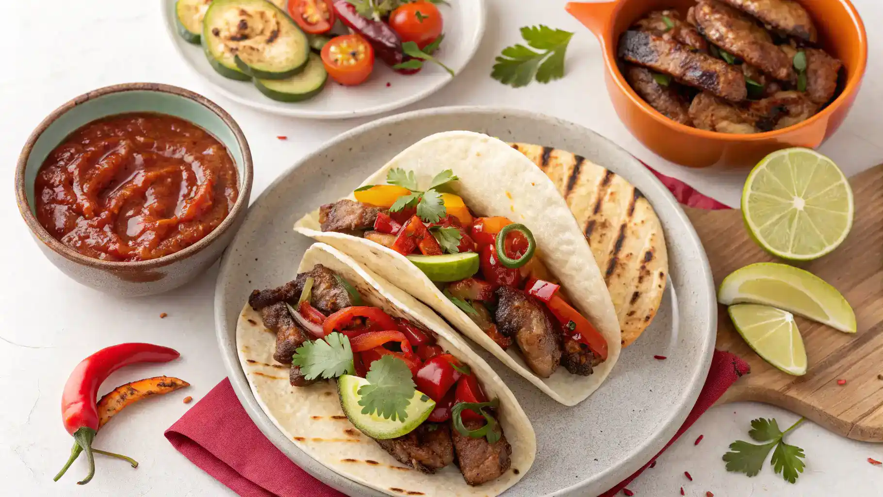 Dishes served with guajillo pepper sauce, including tacos, grilled vegetables, and salsa.
