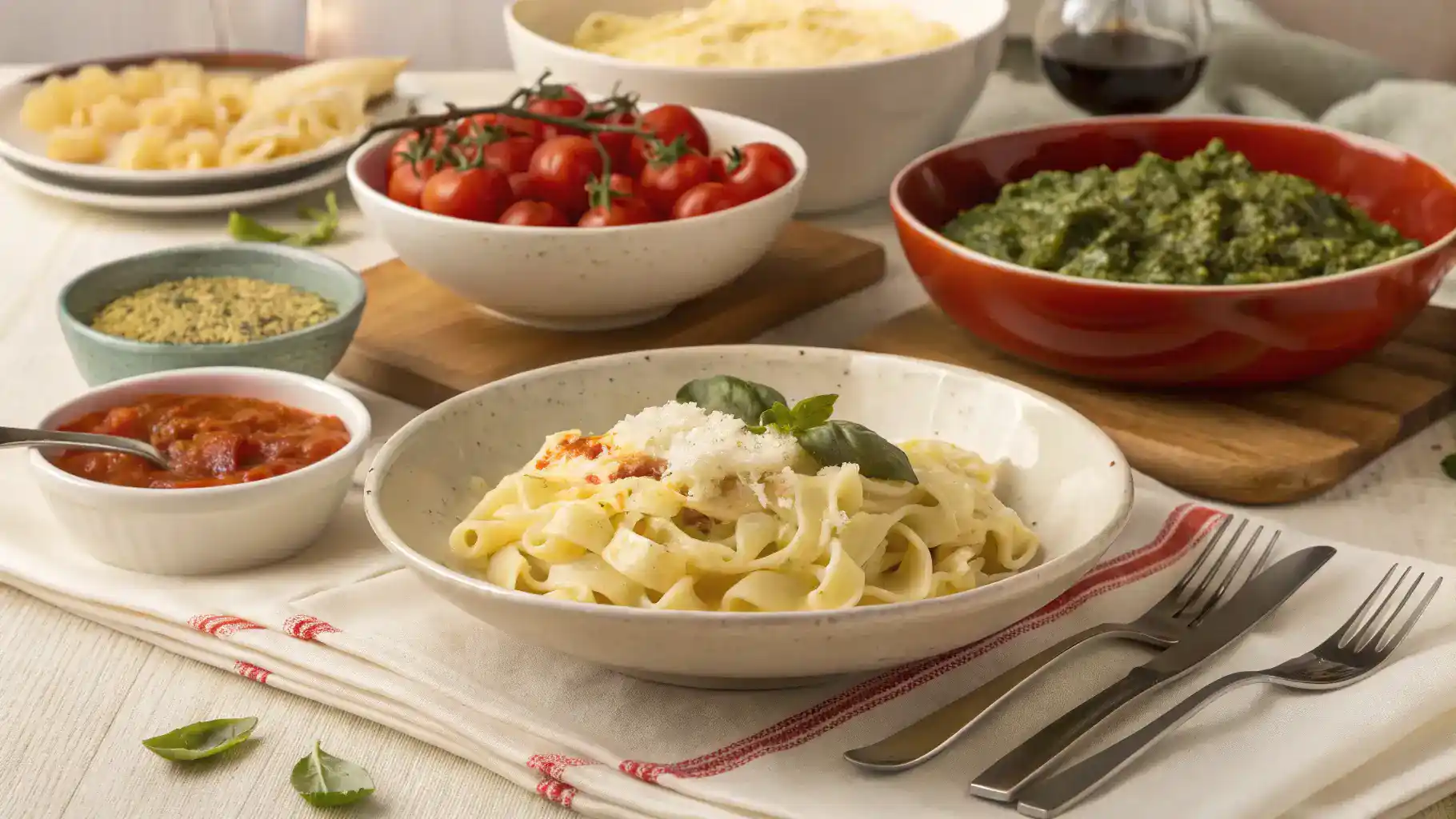 Serving suggestions for mafaldine pasta with various toppings.