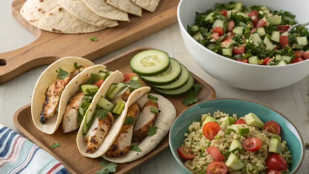 Serving suggestions for Persian cucumber salad with various dishes.
