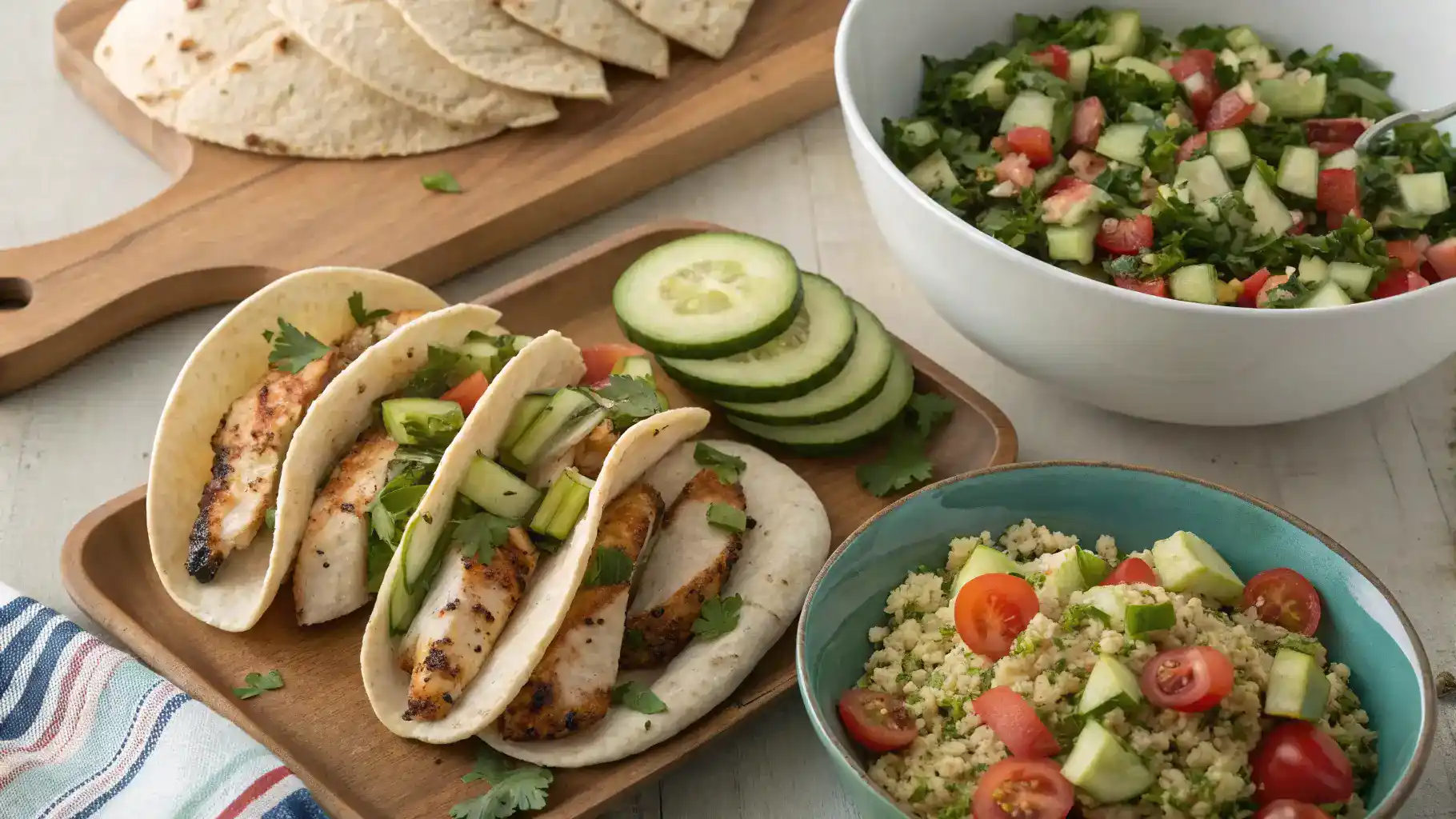 Serving suggestions for Persian cucumber salad with various dishes.