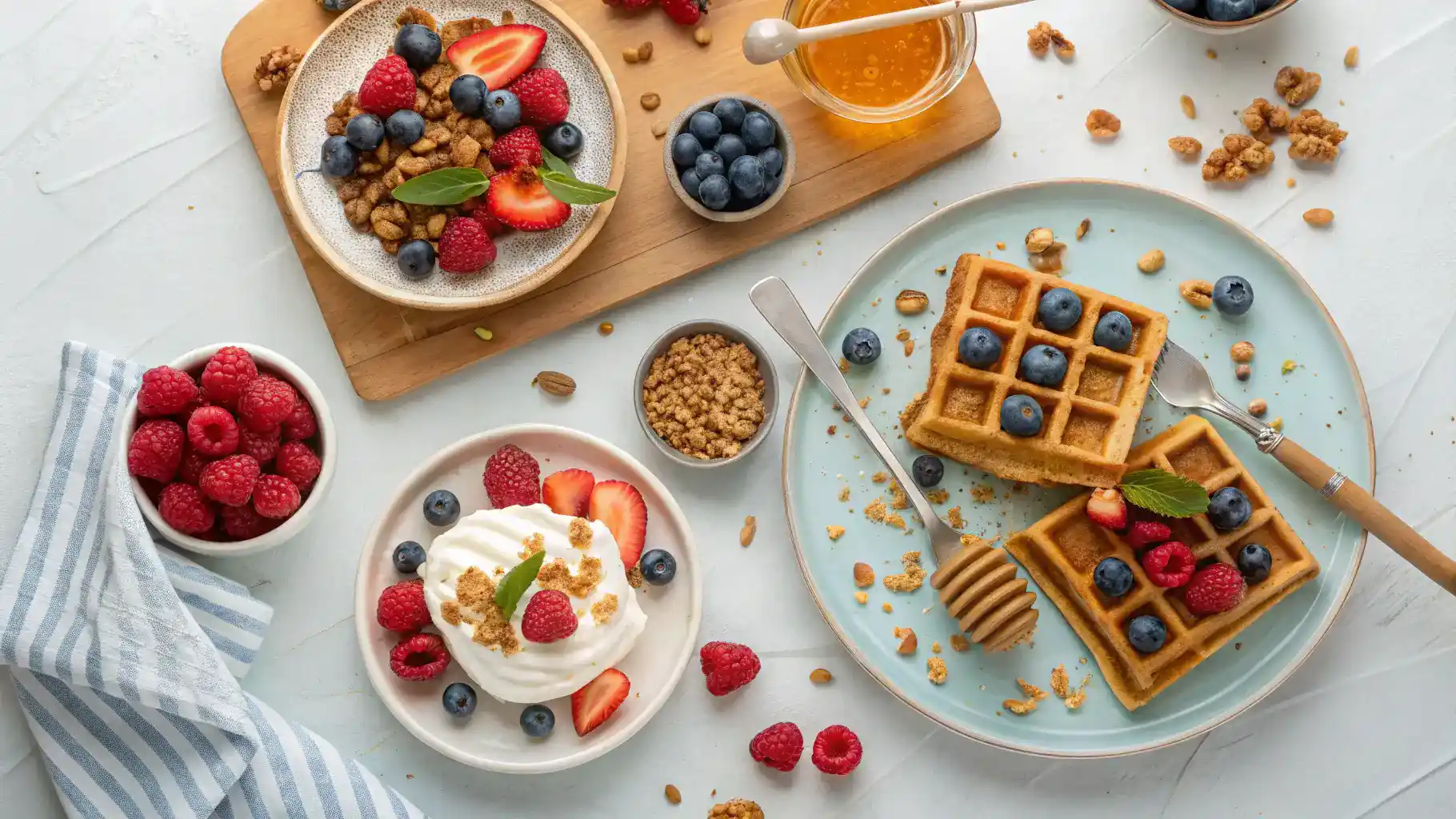 Serving suggestions for protein waffles with various toppings.