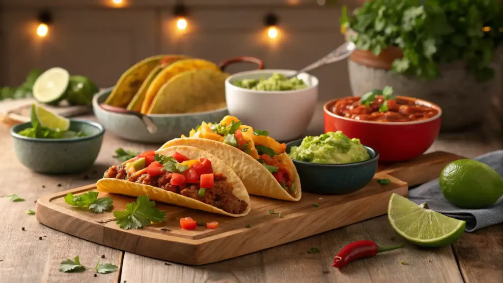 A variety of dishes featuring Scotch Bonnet peppers, including tacos and guacamole, beautifully arranged.