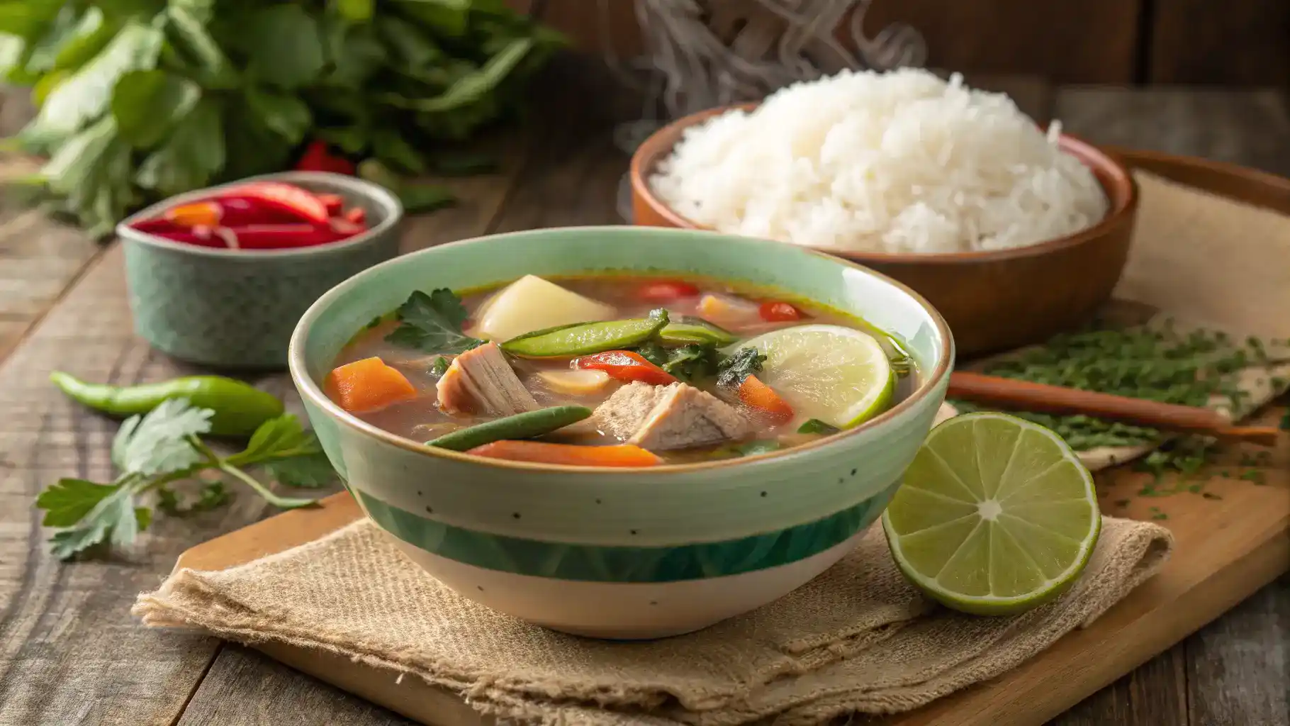 Sinigang served with rice and garnishes.