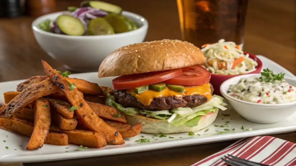 A beautifully plated wild burger with sides of sweet potato fries and coleslaw, ready to be enjoyed.