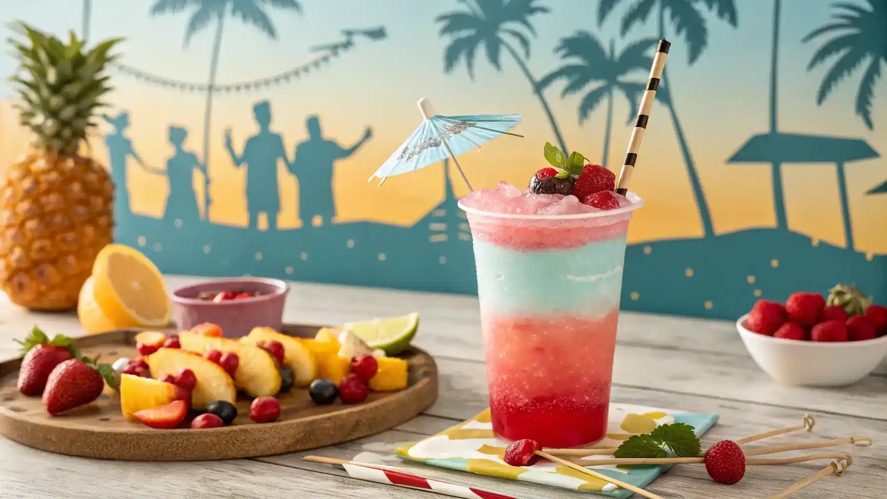 Miami Vice drink served at a summer party with colorful decorations.