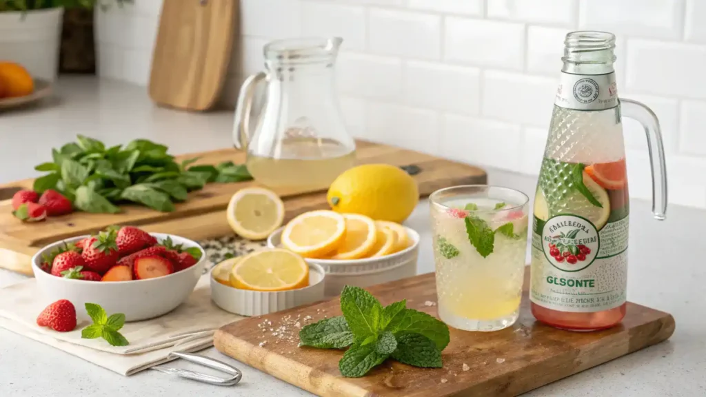 Ingredients for a hard seltzer mocktail including fruits and herbs.
