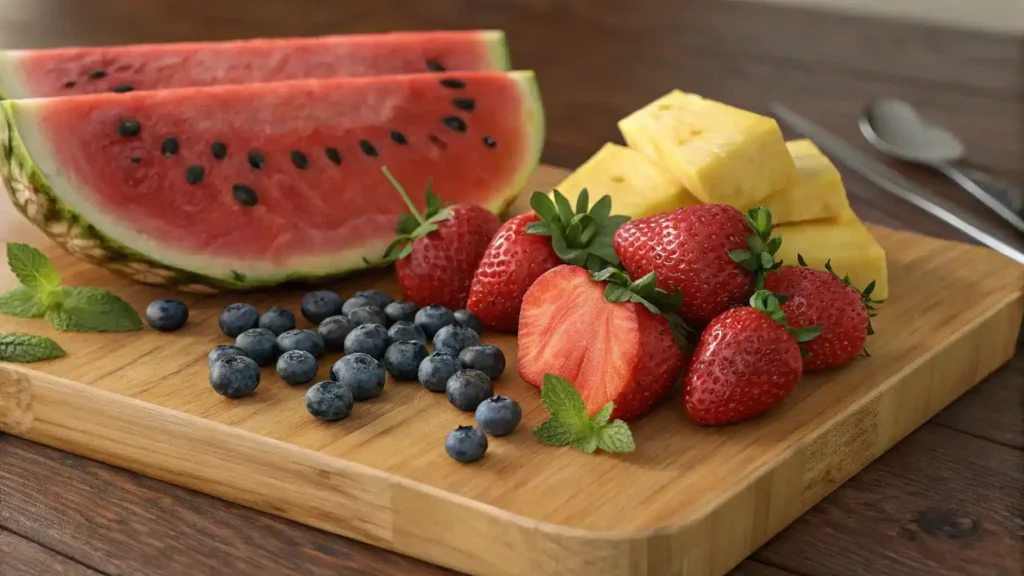 A variety of fresh fruits including watermelon, strawberries, blueberries, and pineapple displayed on a wooden cutting board.
