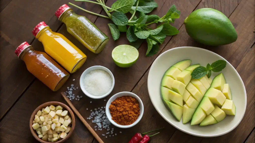 Ingredients for a green mango recipe displayed on a wooden table.
