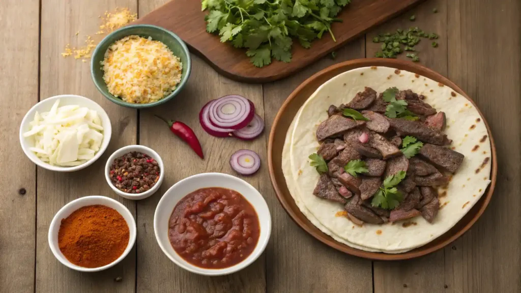 Ingredients for birria pizza including beef, spices, cheese, and fresh toppings.