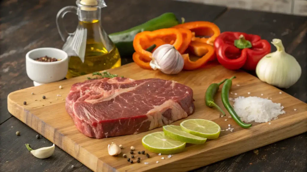 Ingredients for bistec including beef steak, olive oil, garlic, onion, bell peppers, and lime on a cutting board.