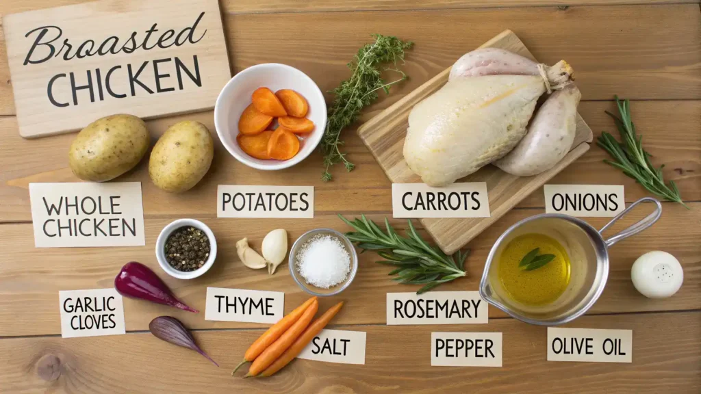 Ingredients for broasted chicken including chicken, buttermilk, flour, and spices.