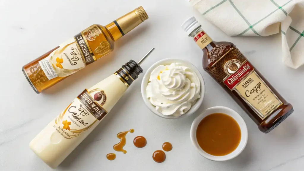 Ingredients for a Buttery Nipple Shot: butterscotch schnapps, Irish cream liqueur, whipped cream, and caramel sauce.