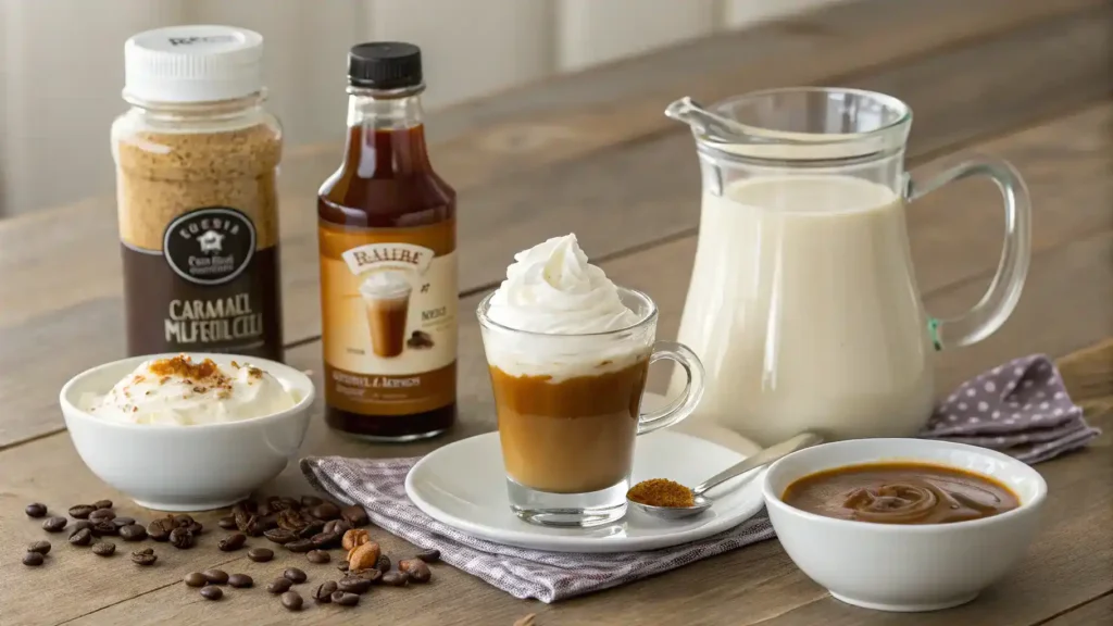 Ingredients for caramel macchiato displayed on a wooden table.