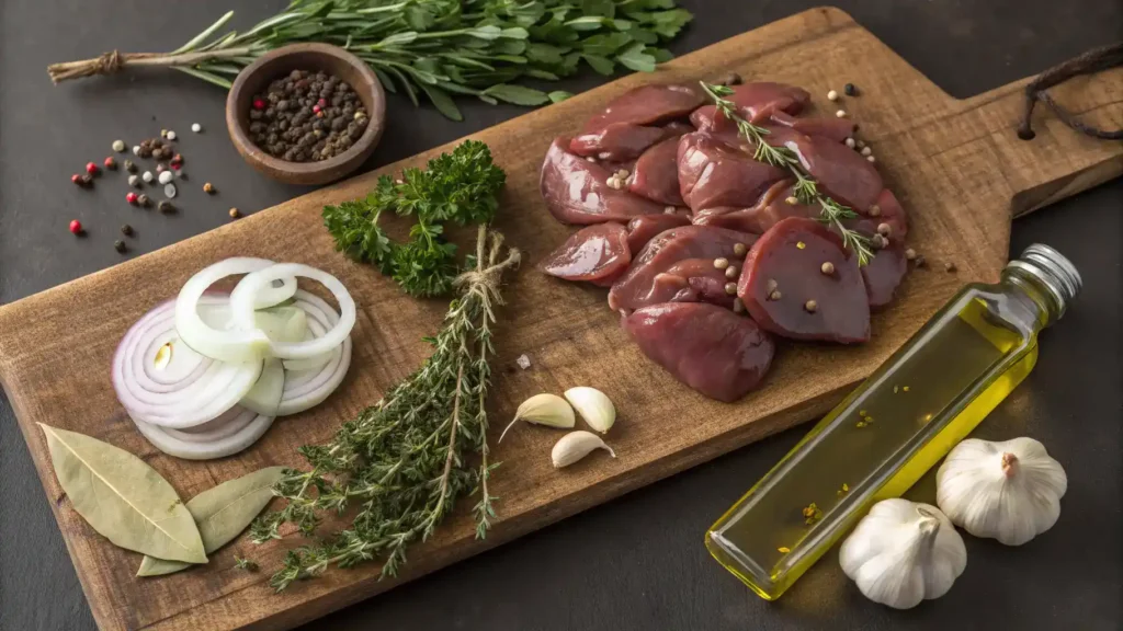 Fresh ingredients for chicken liver recipe including livers, onions, garlic, and herbs.