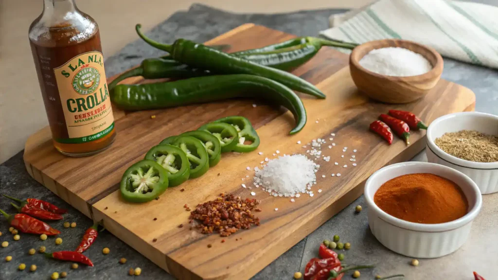 Ingredients for Cholula Hot Sauce displayed on a wooden cutting board.