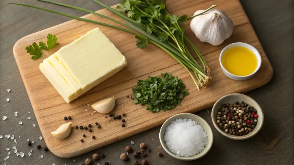Ingredients for cowboy butter displayed on a wooden cutting board.