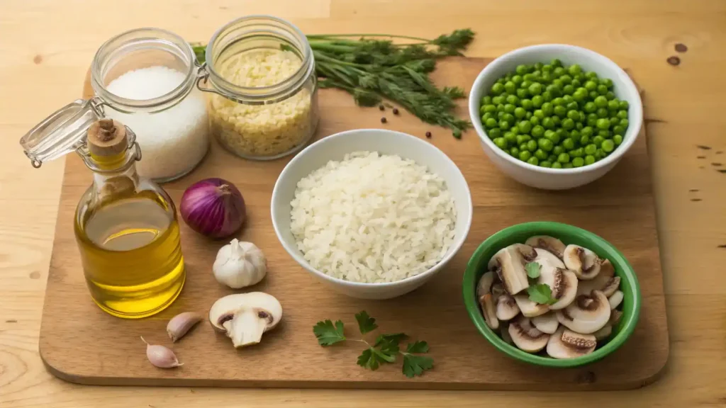 Ingredients for risotto including Arborio rice, vegetable broth, and fresh vegetables.