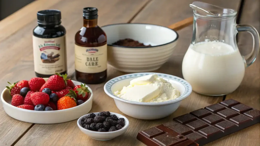 Ingredients for making double cream, including fresh berries and chocolate.