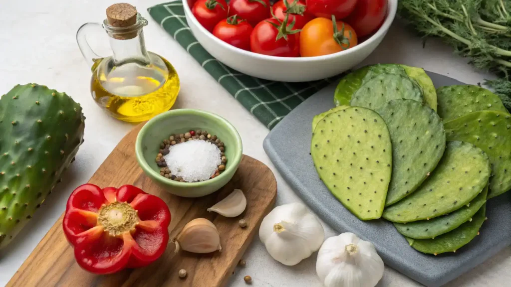 Fresh ingredients for el nopal recipe including olive oil, garlic, and vegetables.
