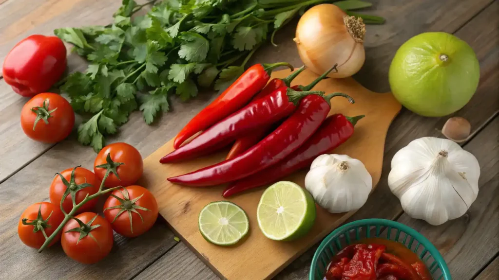 Ingredients for guajillo pepper sauce including guajillo peppers, olive oil, garlic, onion, vegetable broth, cumin, lime juice, and salt.