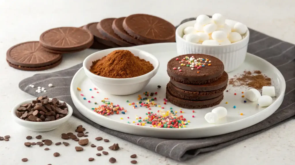 Ingredients for making hot chocolate bombs displayed attractively.
