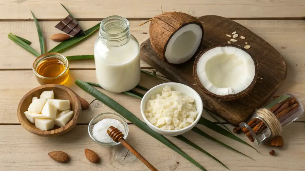 Ingredients for Lush Super Milk displayed on a wooden table.