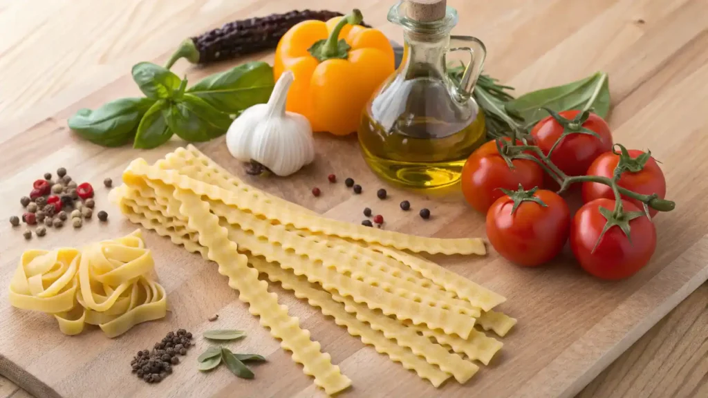 Ingredients for mafaldine pasta displayed on a wooden countertop.