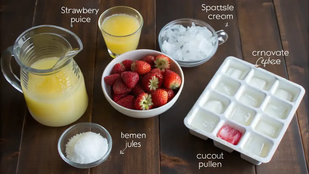 Ingredients for Miami Vice drink including frozen strawberries, pineapple juice, and coconut cream.