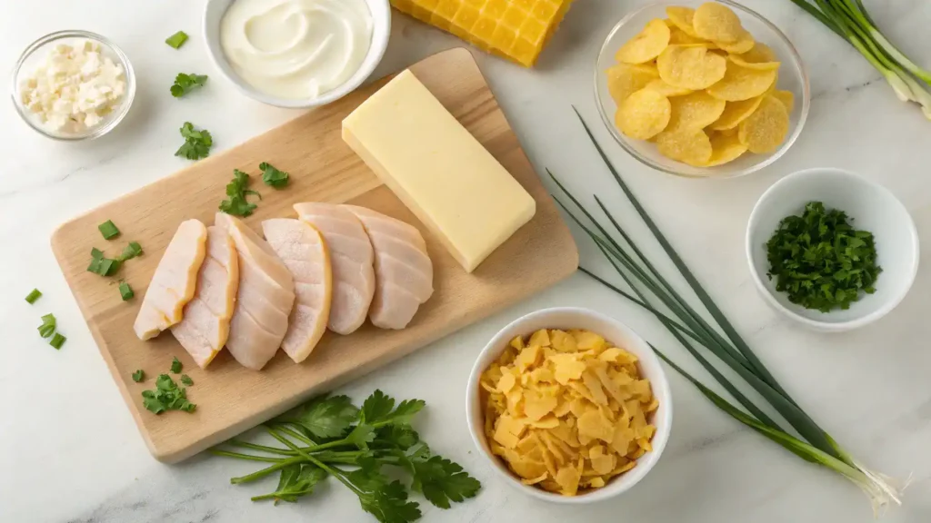 Ingredients for Neiman Marcus Chicken including chicken, mayonnaise, cheese, and herbs.