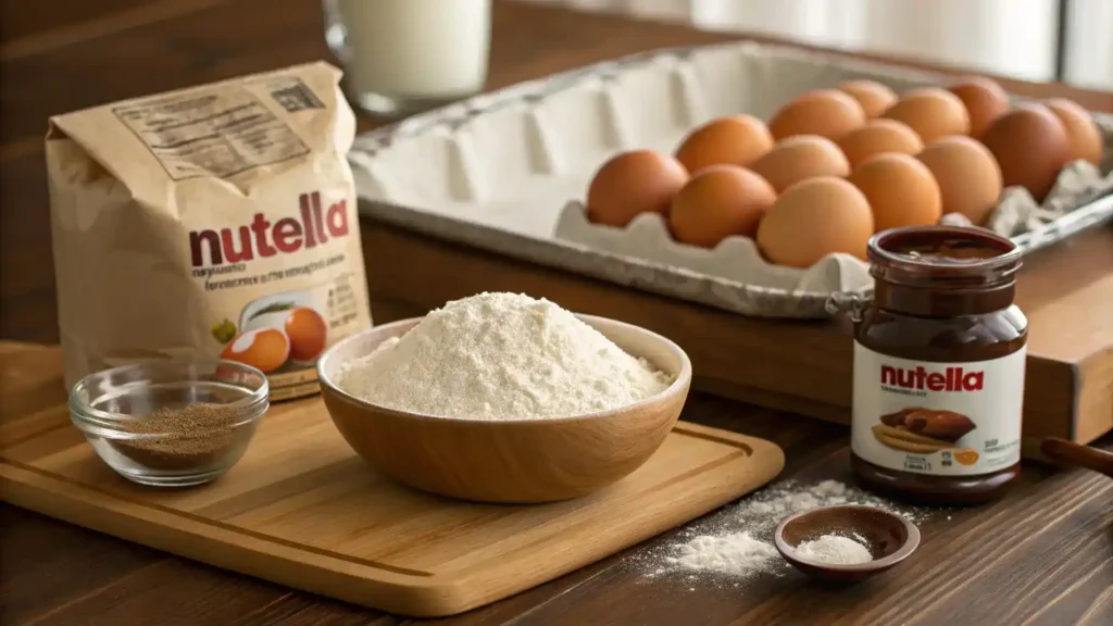 Ingredients for Nutella biscuits arranged on a wooden countertop.