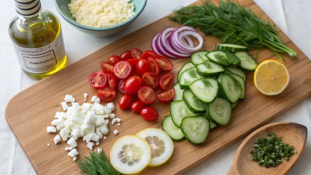 Ingredients for a Persian cucumber salad including cucumbers, tomatoes, onion, and herbs.